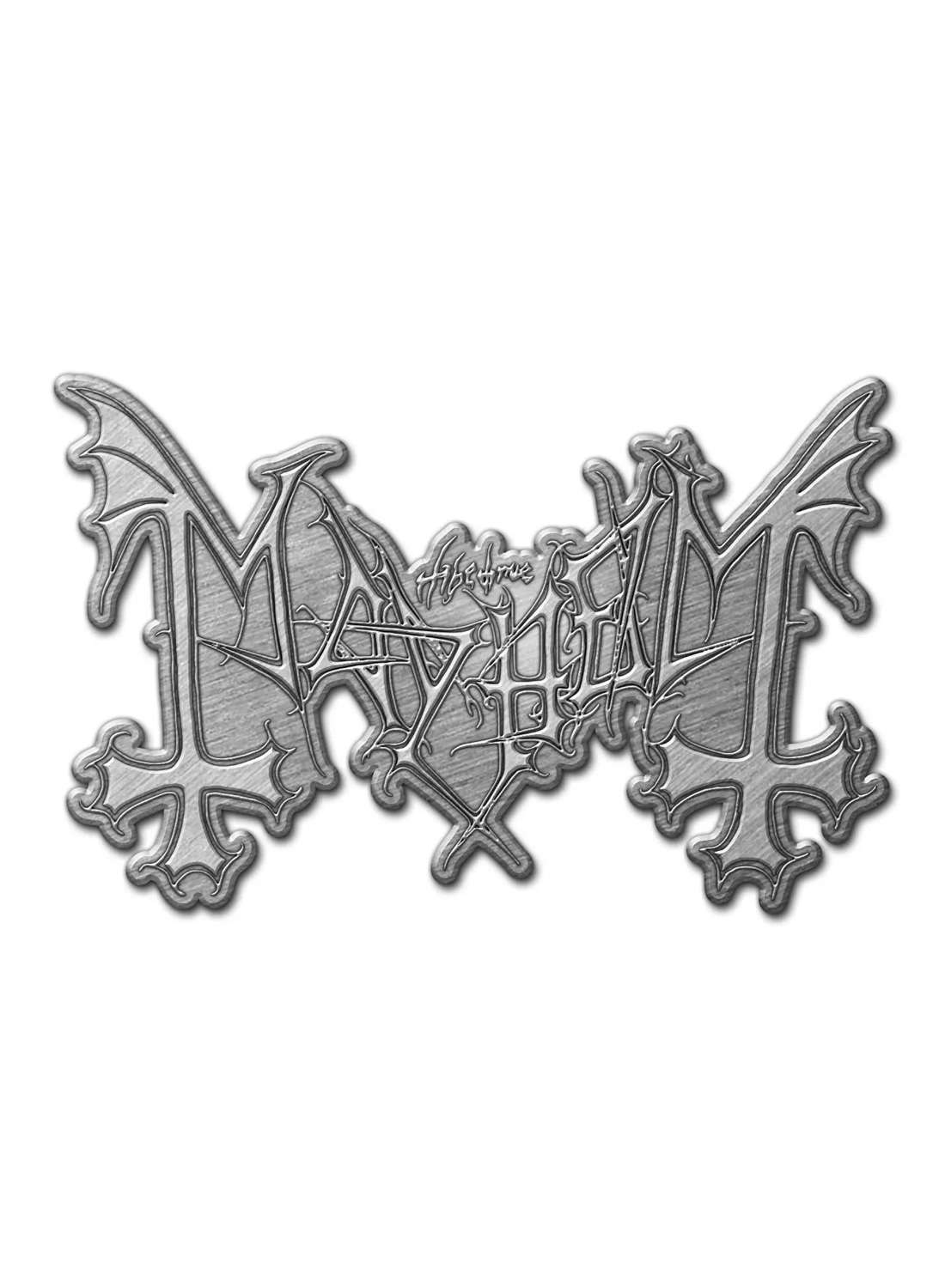 Mayhem-logoinen metallinen rintanappi